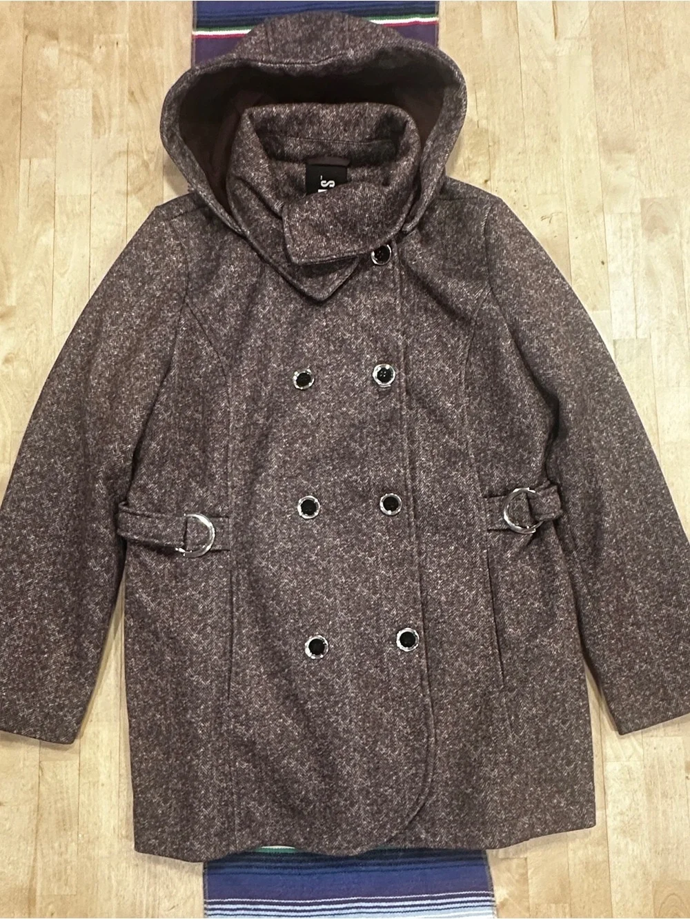 Hooded Double-Breasted Pea Coat in Purple